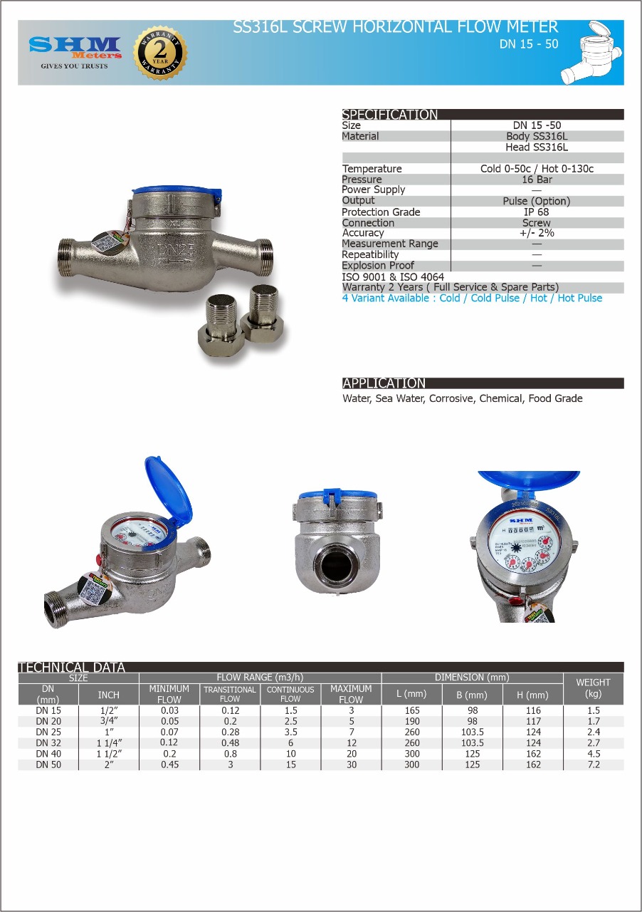 SHM SS316 Multi Jet Water Flowmeter Temp Max.50C Drat NPT DN50
